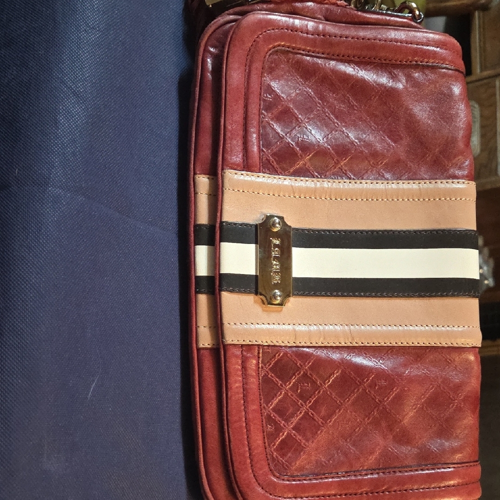 Coach Red-Brown Leather Messenger Bag with Cream & Black Stripe